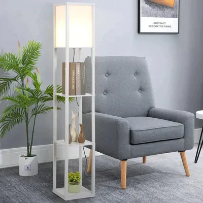 Image de Lampe sur pied blanche avec 3 étagères et espace de rangement | Couleur : Blanc | Dimensions : 26 x 26 x 160 cm