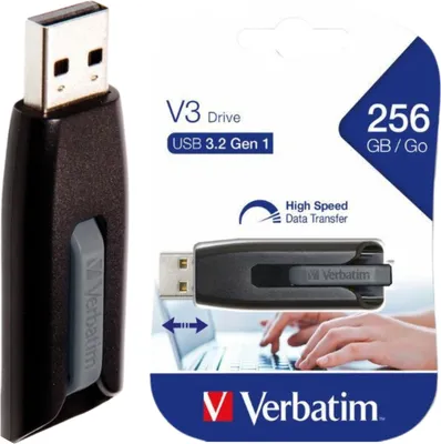 Zdjęcie produktu dla Verbatim V3, 256 GB, USB Typu-A, 3.2 Gen 1 (3.1 Gen 1), Łożysko tulejowe, 10 g, Czarny