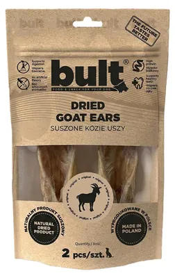 Obrázek produktu pro BULT | Psí pamlsek – sušené kozí uši – 2 ks žvýkacích kroužků z kozích uší – 100 g přírodního žvýkacího pamlsku