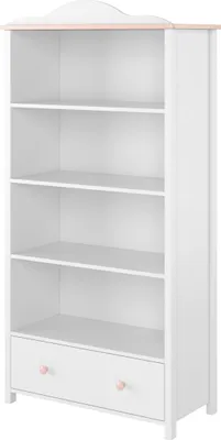 A white bookshelf with a pink trim and pink drawer knobs.