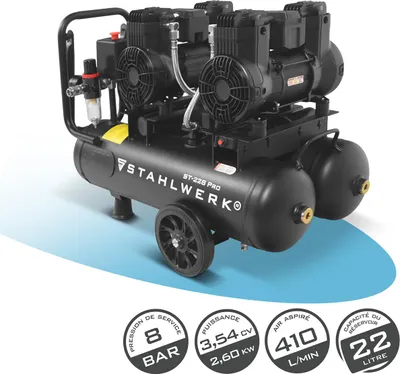 Image de Compresseur STAHLWERK avec réservoir de 22 L (ST-228 Pro) - sans huile, 8 bar, compresseur d'air, moteurs Brushless, 3,54 CV, 2,6 kW, 410 l/min, compresseur silencieux
