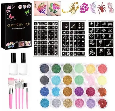Immagine prodotto di Set per tatuaggi con glitter - 120 stencil - 24 colori - Stencil per trucco - Colla e pennelli - Tatuaggi temporanei per bambini e adulti - Tatuaggi con glitter per il corpo - Glitter per il viso - Kit per attività creative - Adatto a ragazzi e ragazze - Ideale per festival e carnevale