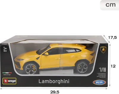 A yellow Lamborghini Urus toy car in its packaging, with dimensions indicated.