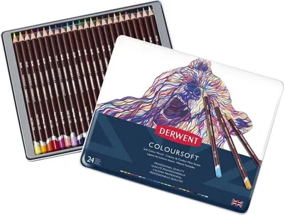 A tin of Derwent Coloursoft colored pencils is shown next to an open tin displaying the pencils.