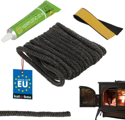 A collection of items for repairing a wood-burning stove, including sealant, rope, and a tag indicating origin.