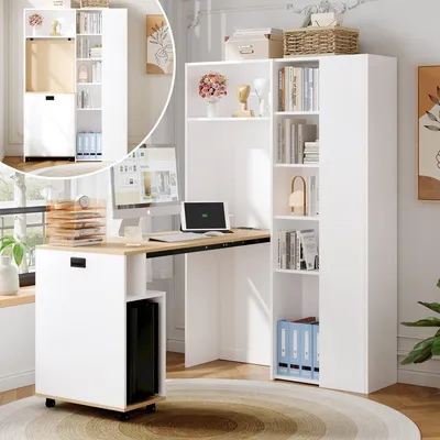 Produktbild von Klappbarer Schreibtisch mit Regal USB Steckdose höhenverstellbar Weiß Eckschreibtisch rechts