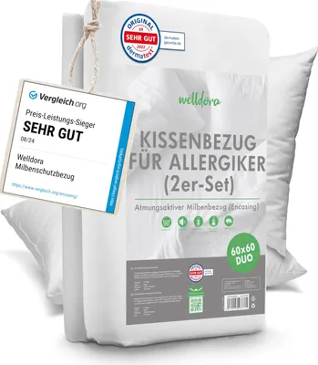 Produktbild von Welldora - 2-Set Milbenbezug Kissen 60x60 - Allergiker Kissenbezug fachärztlich getestet - Encasing gegen Milben & Bettwanzen - Allergiker Bettwäsche