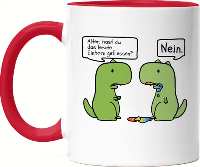 Produktbild von T-Rex frisst Einhorn Tasse  Lustiges Einhorn Dinosaurier Fun Dino Geschenk Ironie Sarkasmus Tasse Rot