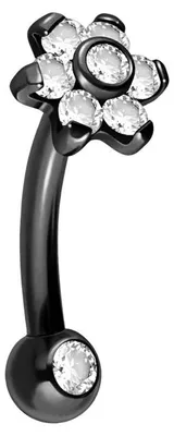 Produktbild von Bauchnabel-Piercing, Rook Piercing Titan Banane mit Push Fit BLUME MIT 7 KRISTALLEN + KRISTALLKUGEL Schwarz Stablänge: 8mm | Discgröße: 5mm
