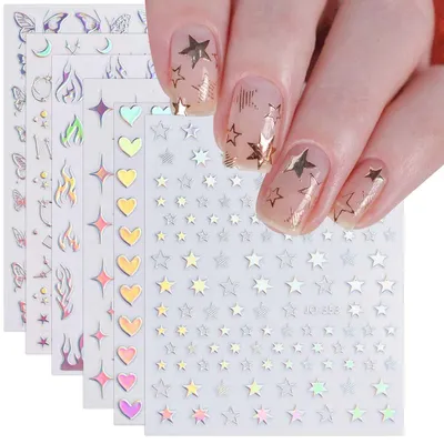 Produktbild von Nagelsticker Aurora Holografisch 9 Blatt Selbstklebend Herz Flamme Schmetterling Mond Nail Art Dekoration