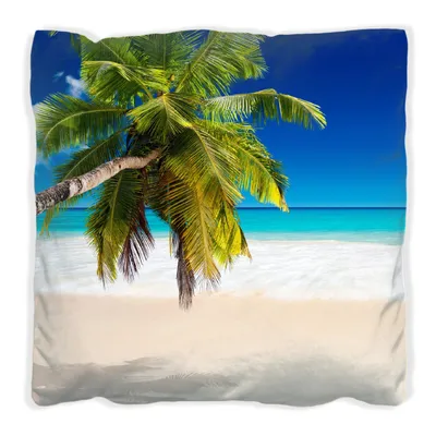 Produktbild von Wallario Premium Kissen, weiche Oberfläche, mit Motiv Südseestrand in der Karibik mit Palme, Größe: 60 x 60 cm, mit weißer Rückseite