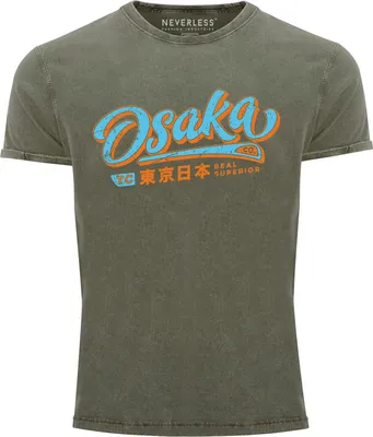Produktbild von Herren Vintage Shirt japanische Schriftzeichen Japan Schriftzug Osaka Printshirt T-Shirt Aufdruck Used Look Neverless® oliv 3XL