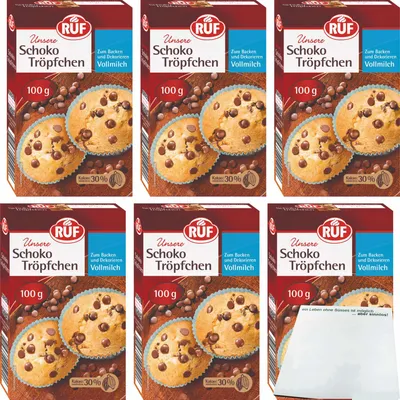 Produktbild von Ruf Schoko Tröpfchen zum Backen und Dekorieren 6er Pack (6x100g Packung) + usy Block