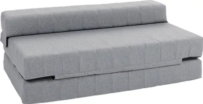 A gray sofa bed is shown from a slightly elevated side angle against a white background.