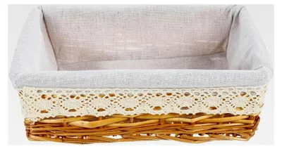 Produktbild von Rechteckiger Weidenkorb mit abnehmbarem Deckel und Innenfutter, handgefertigt, geeignet für Vorratslagerung, Badezimmerorganisation und als Präsentationskorb für Brot und Gebäck