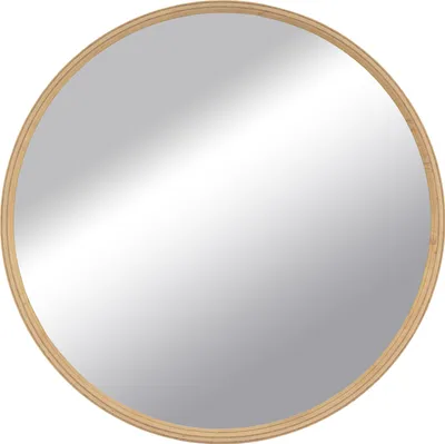 A round mirror with a wooden frame against a white background.