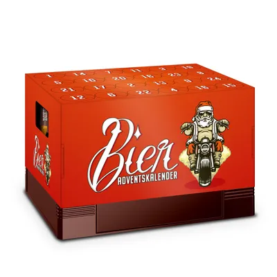 A product shot of a beer advent calendar with a Santa Claus on a motorcycle illustration.