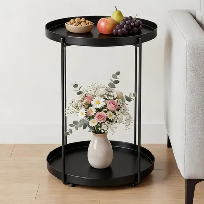 Produktbild von Mai & Mai Beistelltisch rund Ø35×H51 cm, Couchtisch klein mit 2 abnehmbaren Tabletts aus PP-Kunststoff, Schwarz Reglo-08