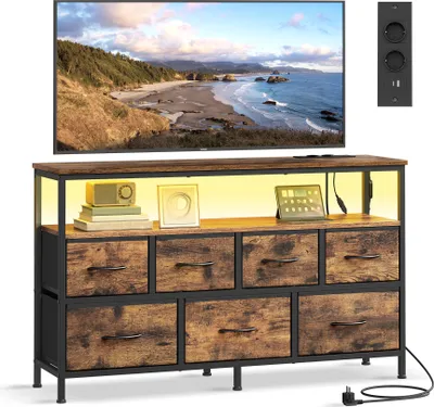 Produktbild von SONGMICS Kommode mit LED-Beleuchtung, Sideboard, Schubladenschrank für Wohnzimmer, mit Ladestation, 7 Schubladen, braun-schwarz
