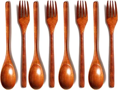 Produktbild von 8-teiliges Holzbesteckset, Gabeln und Löffel, Wiederverwendbar Naturholz, Braun, für Feier und Buffet