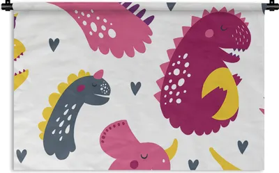 Produktbild von MuchoWow® Wandteppich Wandbehang Dino - Muster - Kind - Rosa - Mädchen 90x60 cm Tapisserie Dekoration Wandtuch - Wandskulpturen - Bildteppich
