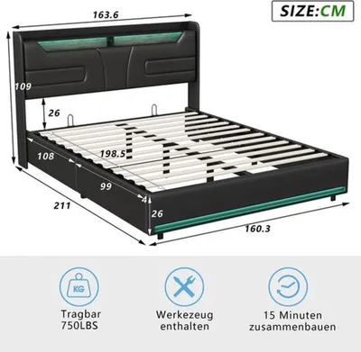 Obrázok produktu pre Rám postele s úložným priestorom - 160x200 cm - Čierna farba - Drevo a kov - S úložným priestorom a LED osvetlením