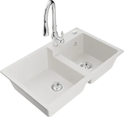 Produktbild von Mexen Tomas 2-Becken-Granitspüle mit Mischbatterie Savita, Weiß - 6516-20-672601-00
