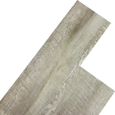 Two vinyl laminate planks with a rustic oak wood grain texture, laid diagonally on a white background.
