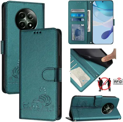 Produktbild von Leder Hülle für Realme 12 5G Süße Katze Flip Case Brieftasche Schutzhülle mit Standfunktion Grün