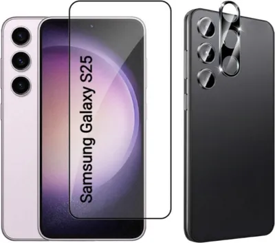 A product shot showing a phone screen protector and camera lens protector for a Samsung Galaxy S25.