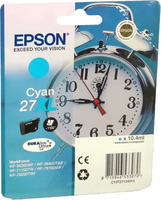 Produktbild von Epson Alarm clock Singlepack Cyan 27XL DURABrite Ultra Ink, High (L) Yield, Cyan, 10,4 ml, 1 Stück(e), 1100 Seiten, Einzelpackung