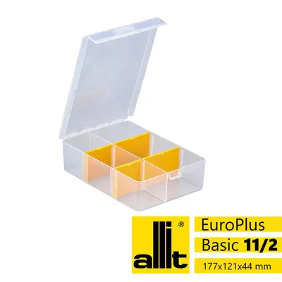Produktbild von Allit Sortimentskasten EuroPlus Basic11/2-4, 2-6 Fächer,4 flexible Trennstege, 175 x 120 x 44 mm, transparent/gelb