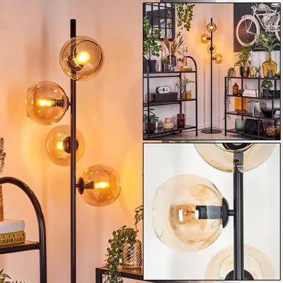 Produktbild von Cesaro Stehlampe aus Metall/Glas in Schwarz/Bernsteinfarben mit Fußschalter