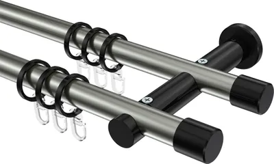 Produktbild von Interdeco Gardinenstange / Vorhangstange Edelstahl-Optik / Schwarz, Typ Platon Santo (Kappe), 20 mm Ø 2-läufig, 440 cm
