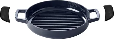 Zdjęcie produktu dla Patelnia grillowa / płyta grillowa Alva Nori, średnica 28 cm + bezpłatne skórzane uchwyty – nadaje się do wszystkich rodzajów kuchenek – emaliowana powłoka nieprzywierająca