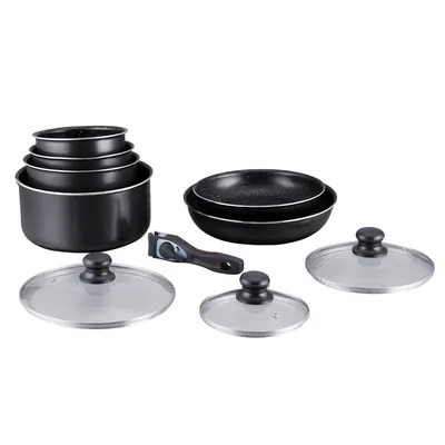 Image de Batterie de cuisine revêtement pierre avec manche amovible 10 pieces noir Herzberg HG5000-BK
