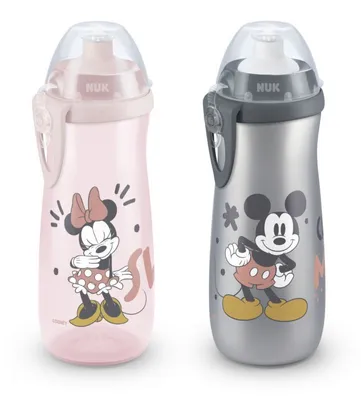 Two Disney-themed NUK sport bottles, one pink with Minnie Mouse and one gray with Mickey Mouse, are displayed side-by-side against a white background.