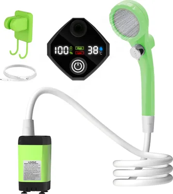 Obrázek produktu pro lixada venkovní sprchové čerpadlo, přenosná kempingová sprcha, venkovní sprchová souprava pro obytné vozy, 6000 mAh, ukazatel teploty, s kulovým ventilem na zastavení vody, zelená barva