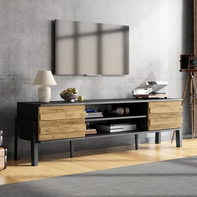 Produktbild von TV-Schrank mit 2 Schränke und Offener Lagerraum TV-Tisch TV-Ständer bis zu 70 Zoll 175*39.5*53cm Holzfarbe+Schwarz