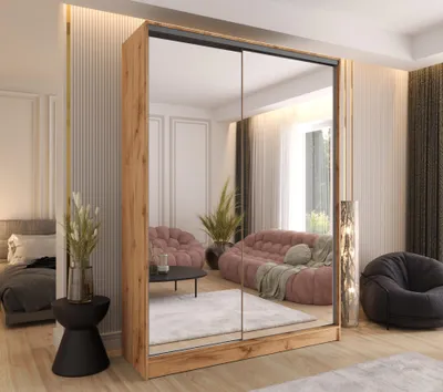 Produktbild von Schwebetürenschrank 2-türig 150x250x58 cm Eiche Wotan mit 2 Spiegeln und 2 schubladen – Moderner Kleiderschrank für Schlafzimmer und Flur