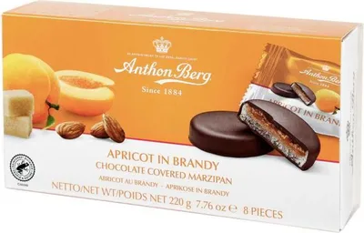 Produktbild von Anthon Berg Apricot in Brandy Marzipan Pasteten mit Schokolade 220g
