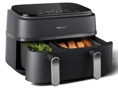 Obrázok produktu pre Fritéza Philips Airfryer Dual Basket 3000 Series, 9 l, 2 koše, 2 pokrmy pripravené súčasne, technológia horúceho vzduchu RapidAir Plus, o 90 % menej tuku, energeticky úsporná, aplikácia HomeID na prípravu receptov (NA352/00)