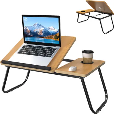 Obrázok produktu pre LZQ Skladací stolík na notebook s 5-stupňovým náklonom a držiakom na pohár - skladací stolík na notebook na posteľ a pohovku, prenosný stolík na posteľ na čítanie, prácu a raňajky, orech