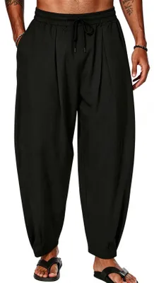 Obrázek produktu pro ASKSA Pánské kalhoty haremové, bavlněné, lněné, letní, lehké, volného střihu, plážové kalhoty, volnočasové kalhoty s kapsami (černá, velikost XXL)