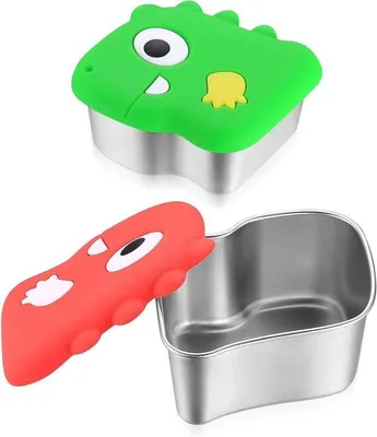Productafbeelding van Siliconen saladecontainers van 260 ml met dinosaurusdeksels, roestvrijstalen snackcontainers en een inzetbakje voor sauzen en dips