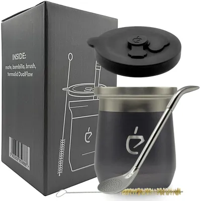 Productafbeelding van Un Mate Termolid DualFlow PRO yerba mate set Ash Gray – RVS beker 230 ml, bombilla en deksel