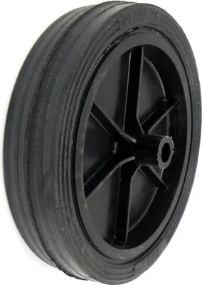 A black plastic wheel with a rubber tire, shown from the side against a white background.