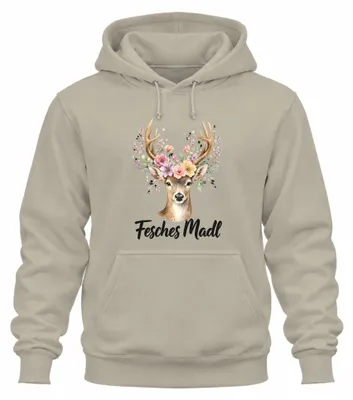 Produktbild von Fesches Madl Reh Hirsch Blumen Trachtenshirt Lederhose Hoodie Kapuzenpullover, Natur, L