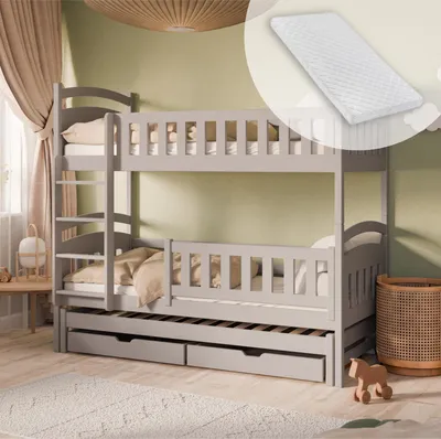 Obrázek produktu pro Podkrovní postel 90x200 patrová postel dětská postel pro mládež patrová postel pro 3 děti, se dvěma zásuvkami, dětská postel rozkládací na 3 samostatná lůžka | od 4 do 18 let | včetně lamelových roštů a 3 matrací | kašmír