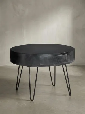 Produktbild von Couchtisch 60x60x43 cm Mango Massivholz Metall Sofatisch, Design Wohnzimmertisch Rund mit Schublade, Kaffeetisch Stauraum Massiv, Kleiner Tisch Wohnzimmer Haarnadelbeine